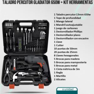 Taladro percutor GLADIATOR 650W + KIT DE HERRAMIENTAS